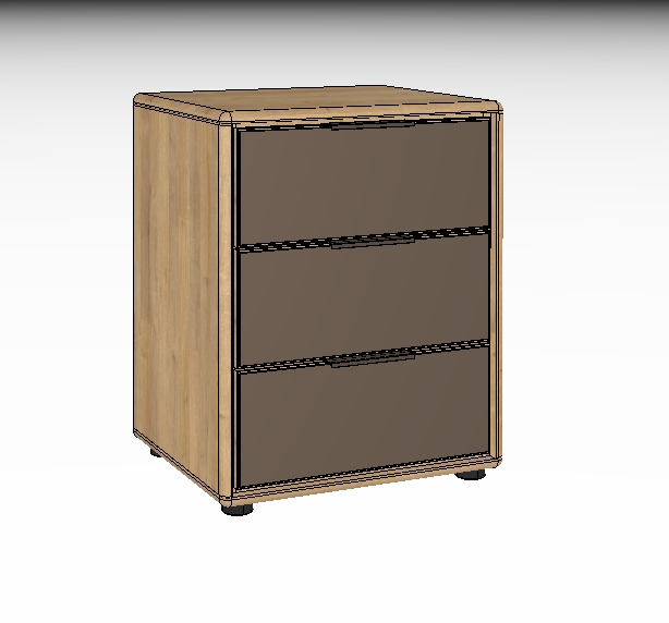 Illustration eines modernen Holzschranks mit drei Schubladen, ideal für Wohnzimmer oder Büro.