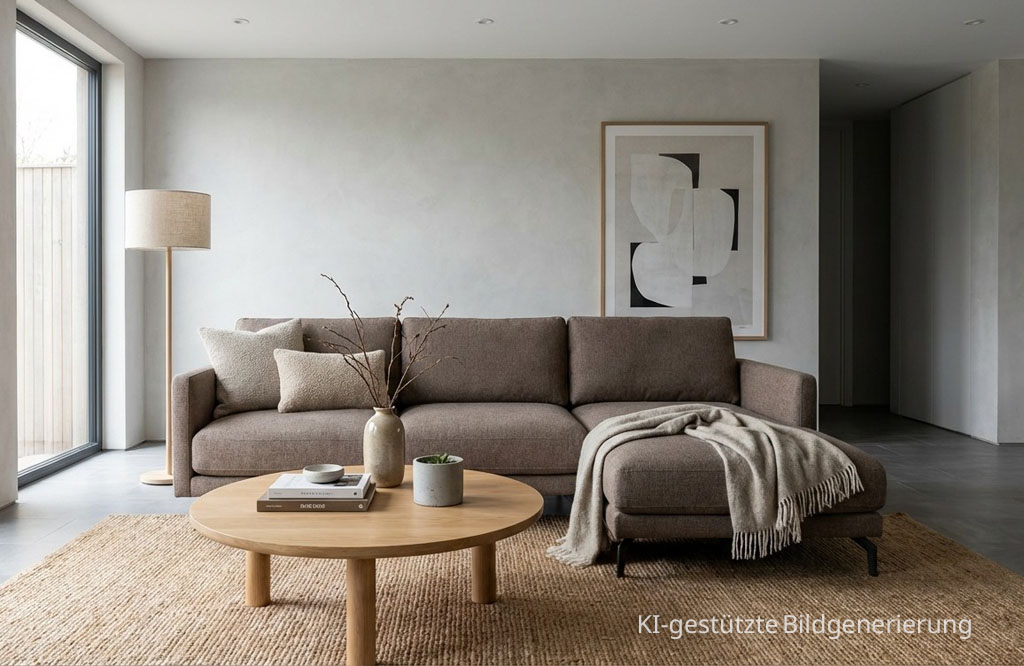 modernes braunes Sofa und brauner runder Couchtisch, stilvoll dekoriert in einem modernen Zimmer