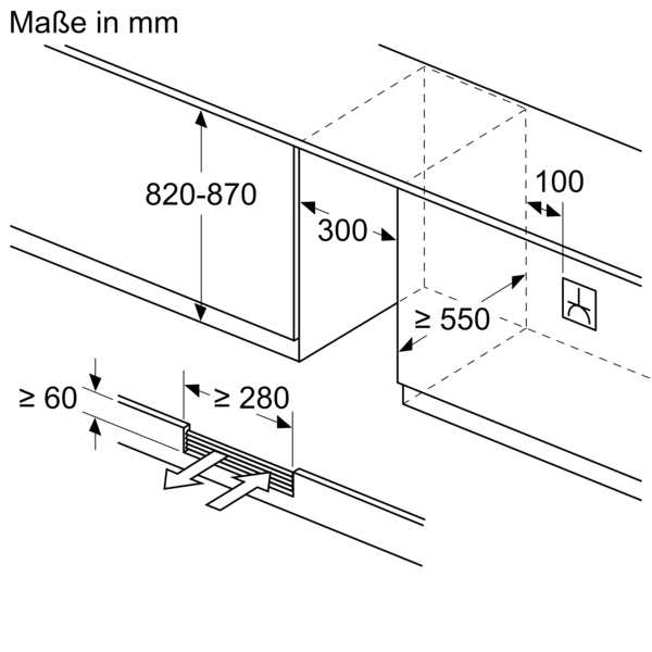 Technische Zeichnung mit Maßangaben für die Installation von Kücheneinbaugeräten. Dimensionen in Millimetern: Höhe 820-870, Tiefe ≥550, Breite ≥280, Sockelhöhe ≥60, Steckdosennische 100mm.