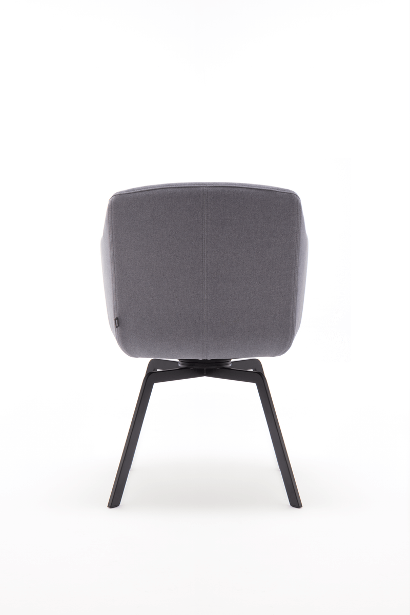 Rückansicht eines modernen grauen Bürostuhls mit schwarzen Beinen