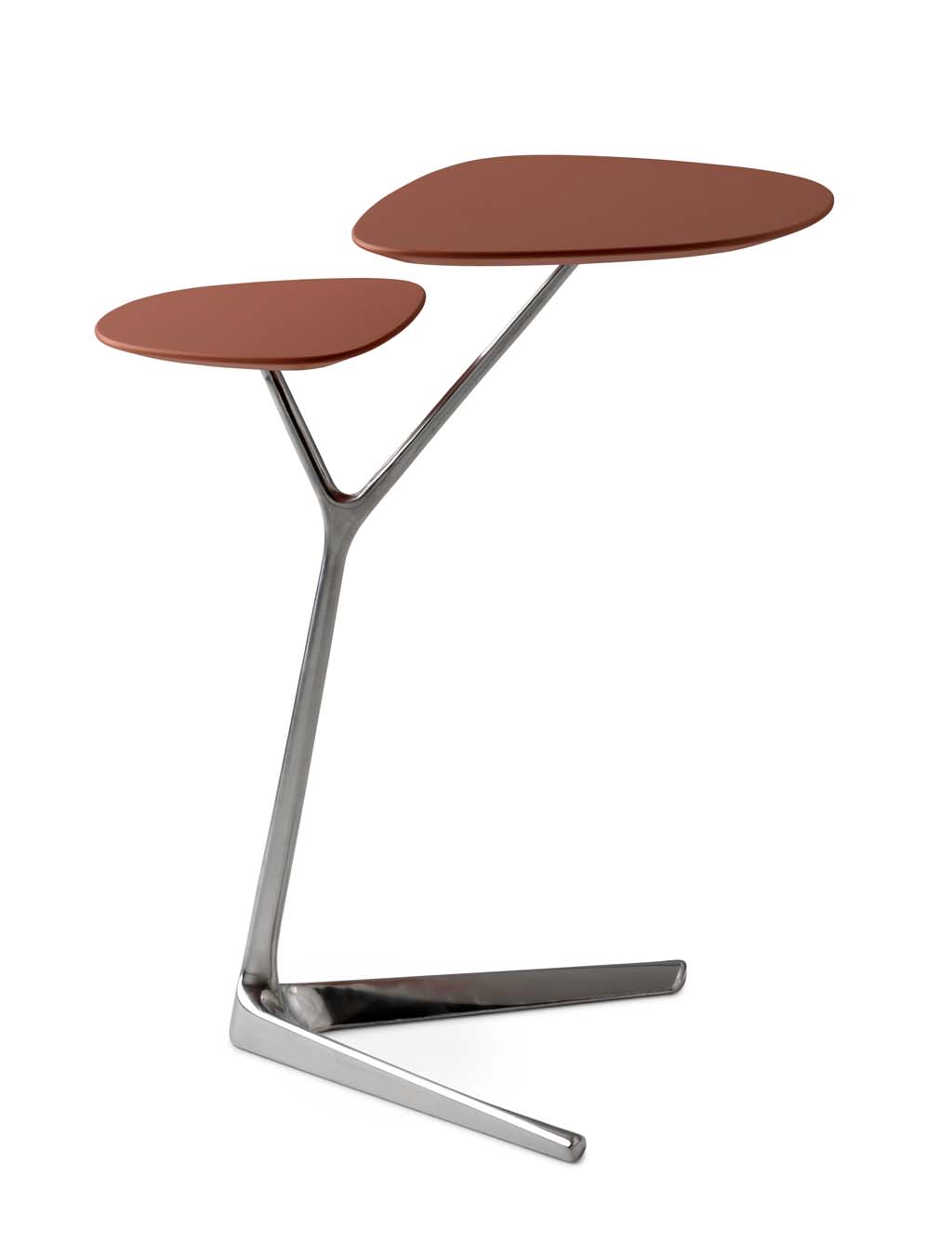 Beistelltisch mit zwei rostroten Tischplatten und metallischem Gestell