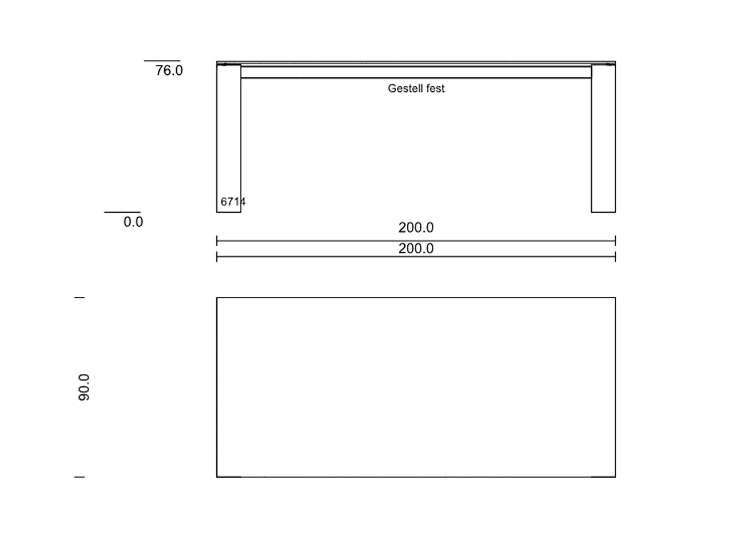 Technische Zeichnung eines Tischgestells mit festen Abmessungen, Breite 200 cm, Tiefe 90 cm, Höhe 76 cm