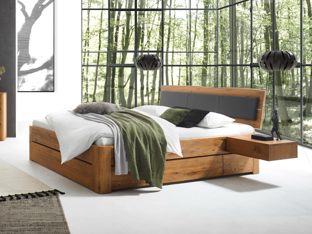 Hasena - Function Stauraumbett Belluno | Massivholz Wildeiche natur, gebürstet, geölt | Holzkopfteil Naturo inkl. Kissen Arona | verschiedene Größen  & Farben konfigurierbar