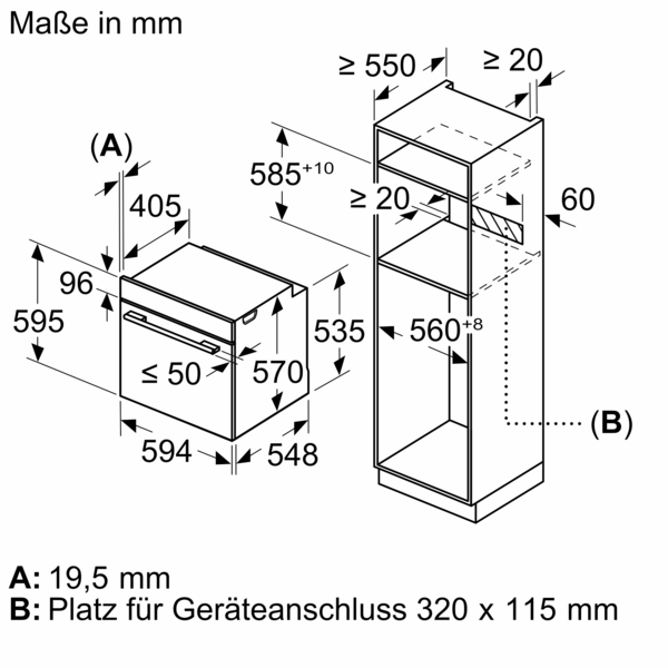 Perspektivische Darstellung des Backofens und des benötigten Einbauraums in einem Hochschrank, mit Markierungen für die korrekte Nischenbreite und -höhe sowie seitliche Mindestabstände.