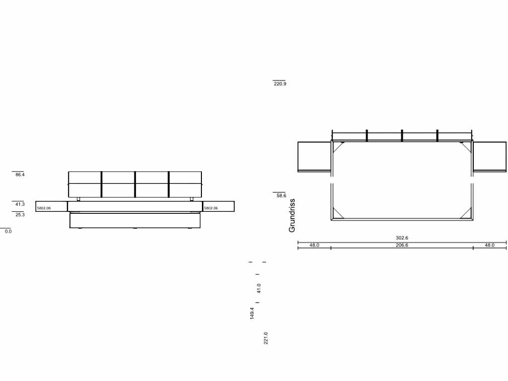 Technische Zeichnung eines Sofas mit Maßen, Draufsicht und Seitenansicht dargestellt.