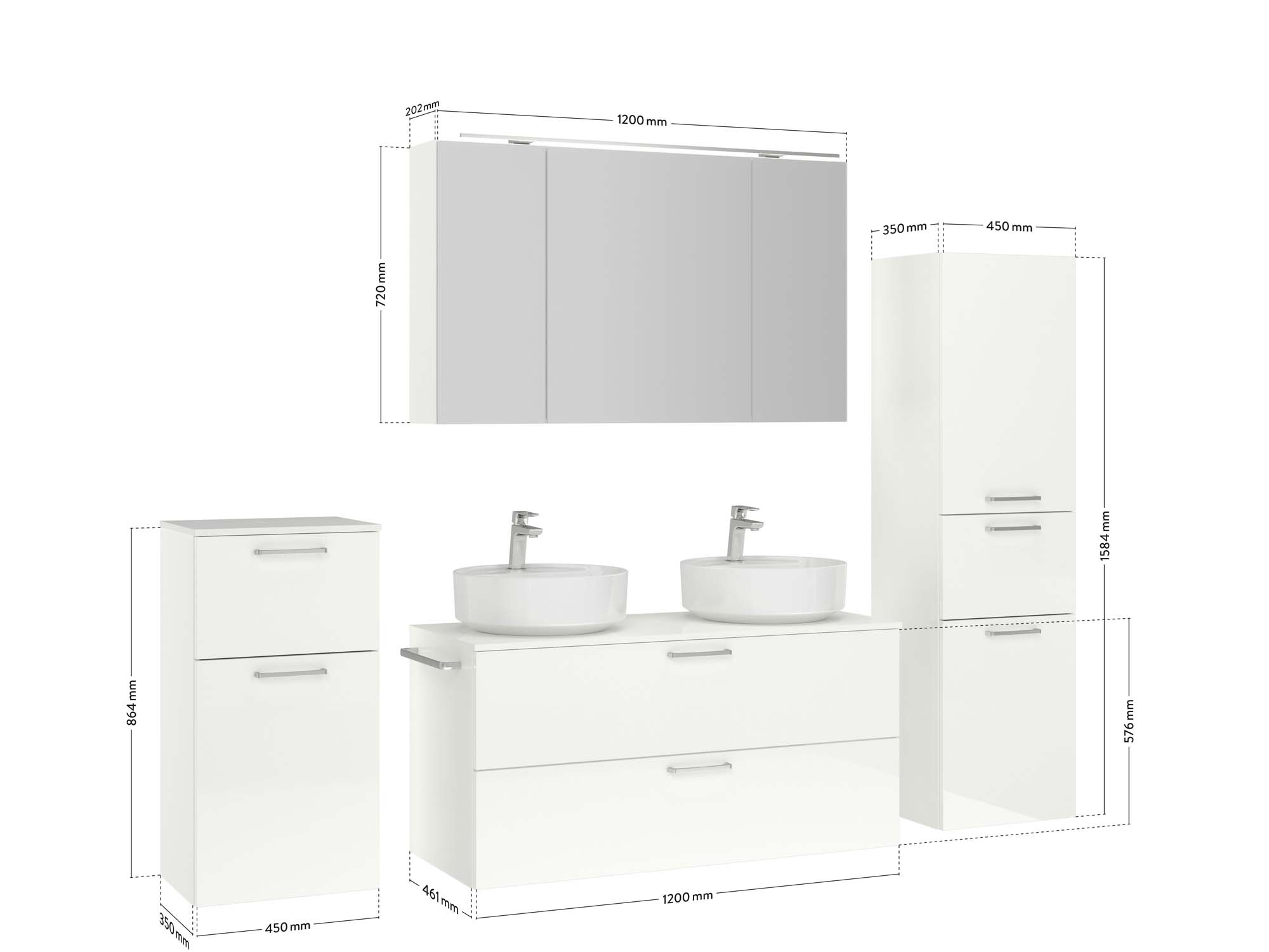 Badezimmermöbel-Set 3 Schränke weiß mit Waschtisch und Spiegelschrank Maßzeichnung nobilia