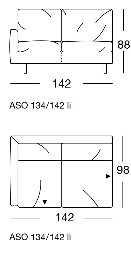 Maßzeichnung eines Sofaelement vor weißem Hintergrund freistil Rolf Benz 134