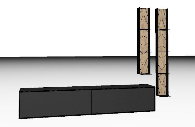 Design-Möbelset mit schwarzen TV-Schrankelementen und eleganten Holzregalen