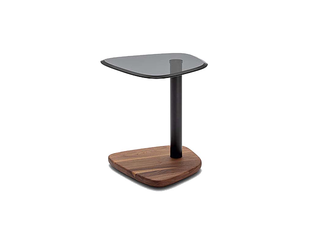 Rolf Benz 928 - Beistelltisch | 45 x 45 cm Designer-Beistelltisch mit grauer Glasplatte, Säule in schwarz und Bodenplatte in Nussbaum Rolf Benz 928