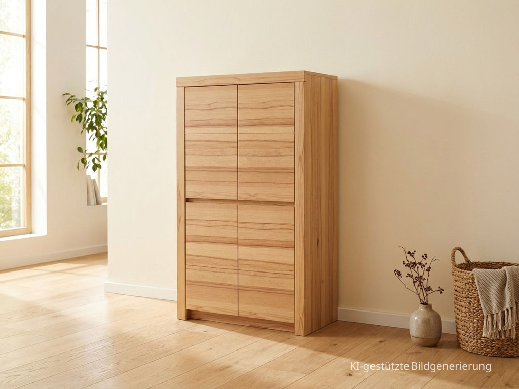 moderner brauner Holzschrank stilvoll dekoriert in einem hellen Raum, Bild KI generiert