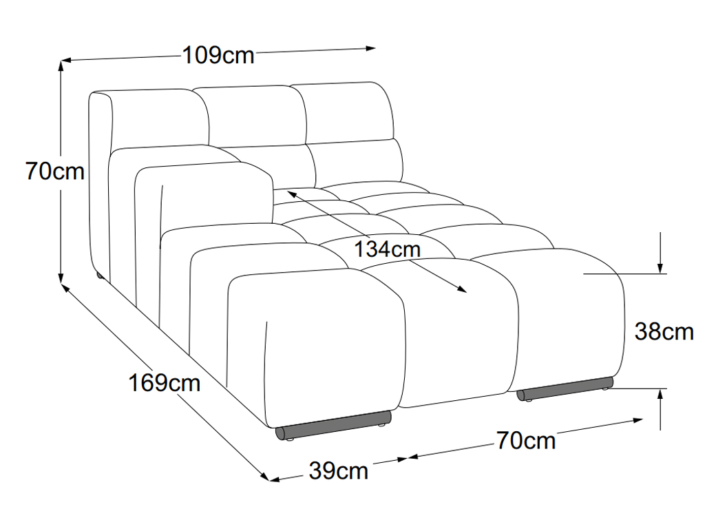 designwerk Temple - Recamiere small Armteil links | B: 109 cm | ohne Funktion | D021142 Maßzeichnung eines Sofaelements vor weißem Hintergrund designwerk Temple