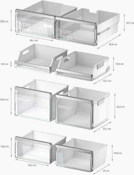Kühlschrank-Schubladen inklusive Maße mit NoFrost und HyperFresh Technologie, transparent und stapelbar