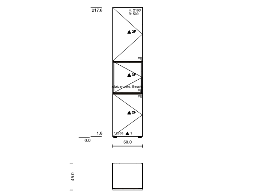 Technische Zeichnung eines vertikalen Regals mit Gesamthöhe von 217.8 cm und Breite von 50.0 cm, bestehend aus drei Fächern.