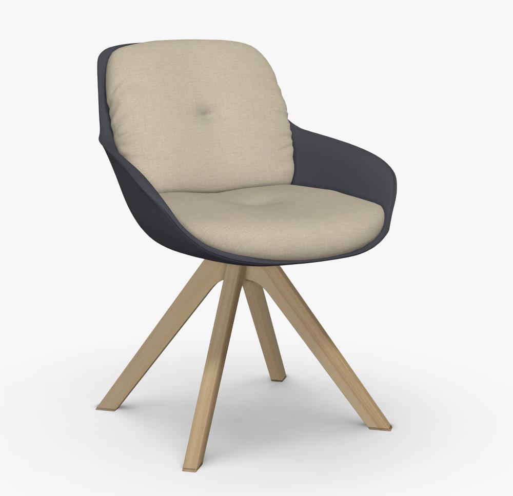 Rolf Benz 600 - Stuhl mit Kunststoffschale | Vierfuß Holz | mit oder ohne Drehfunktion Stuhl 600 mit schwarzer Sitzschale, Holzgestell und hellem Sitzpolster