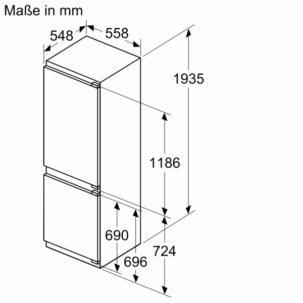 Gesamtmaße des Geräts in mm: Höhe 1935, Breite 548, Tiefe 558. Maße der Türfronten: Obere Tür 1186 mm, untere Tür 690 mm, mit verschiedenen Höhenangaben.