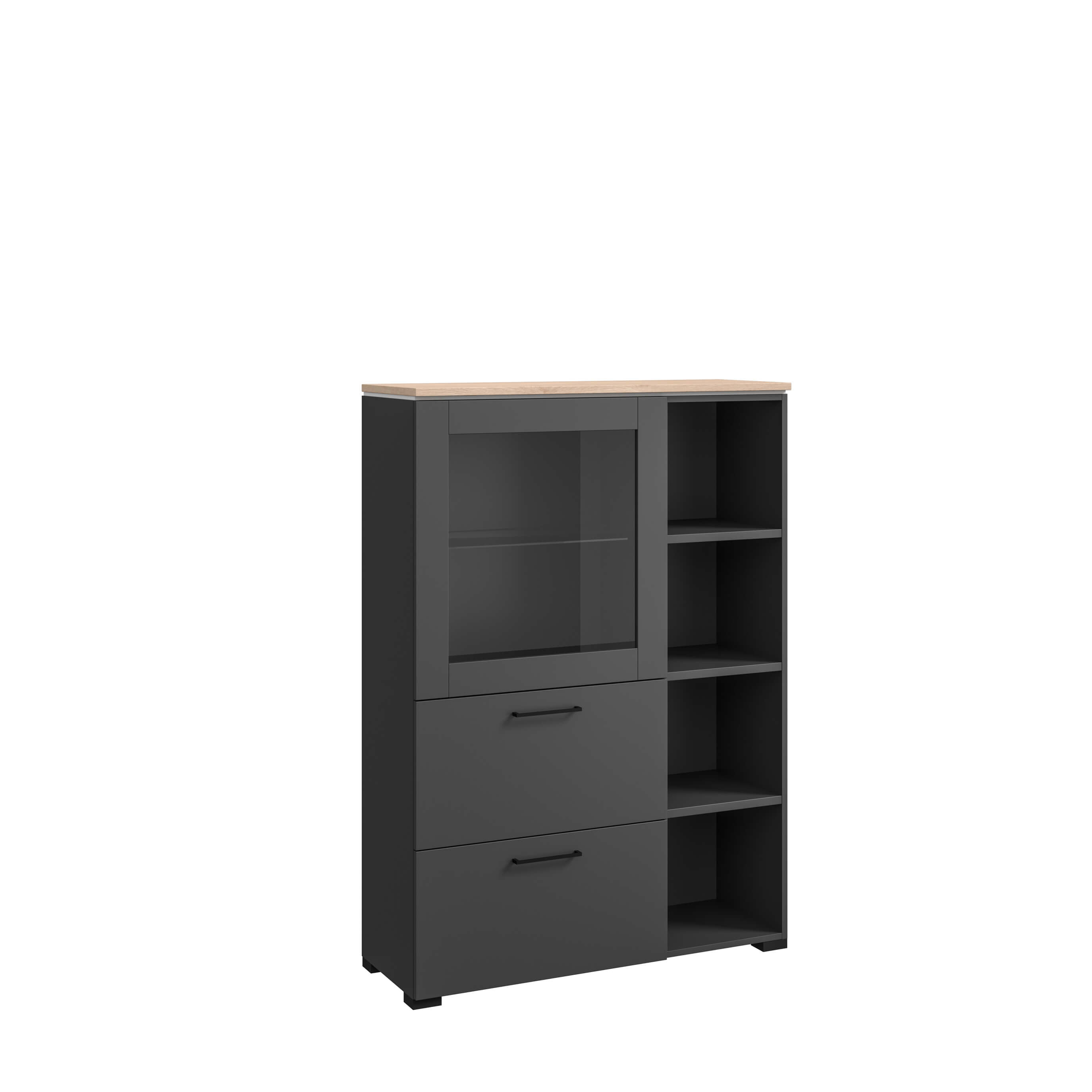 Röhr Bush cocoon - Vitrine mit 1 Tür und 2 Schubladen | graphit matt | B: 100 cm Schwarzer Schrank mit Glasvitrine und Regalfächern, ideal für Wohnzimmer oder Büro