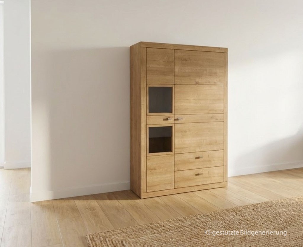 moderner brauner Schrank stilvoll dekoriert in einem hellen Raum, Bild KI generiert