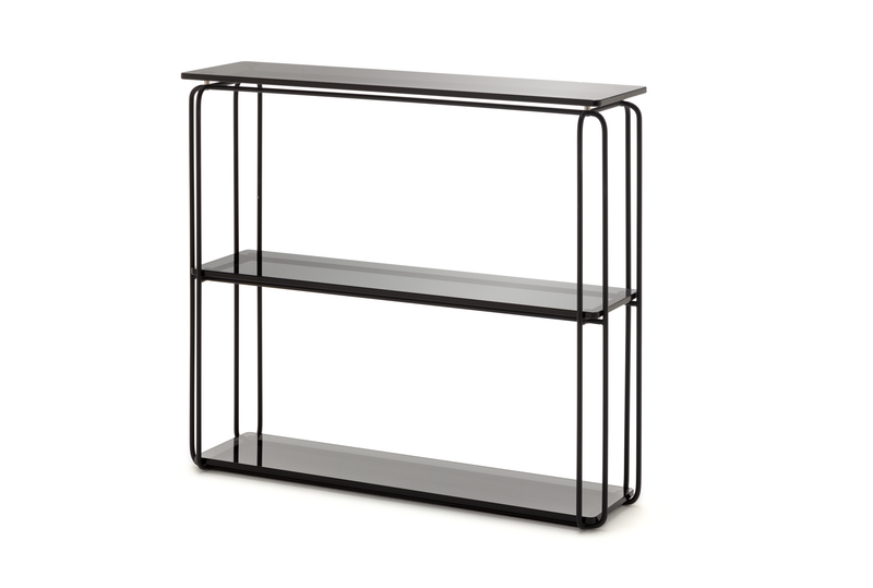 Schwarzer Konsolentisch im minimalistischen Stil, zwei Regalböden