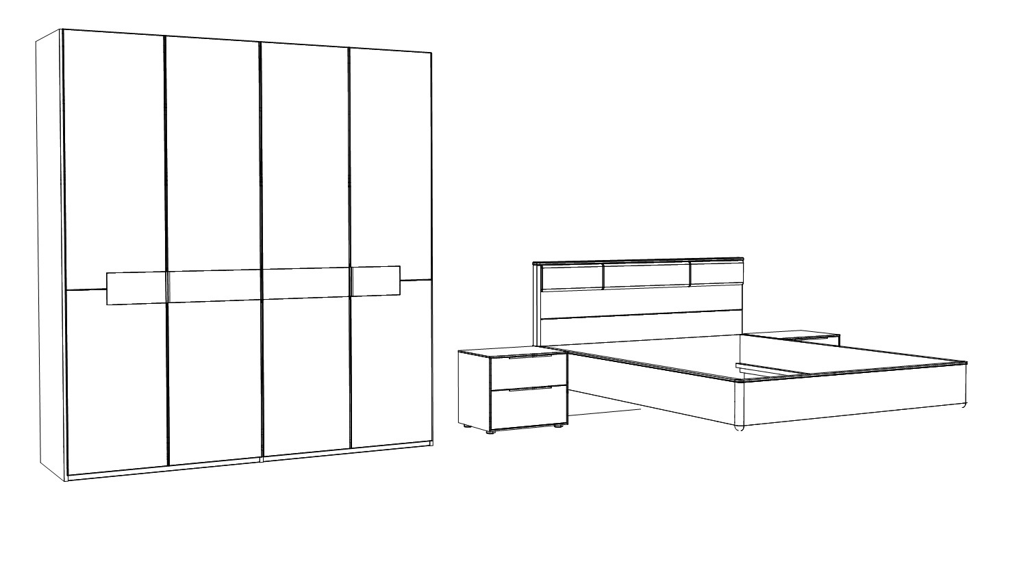 Illustration eines viertürigen Schrankes und einem Bett mit Nachtschränken vor weißem Hintergrund