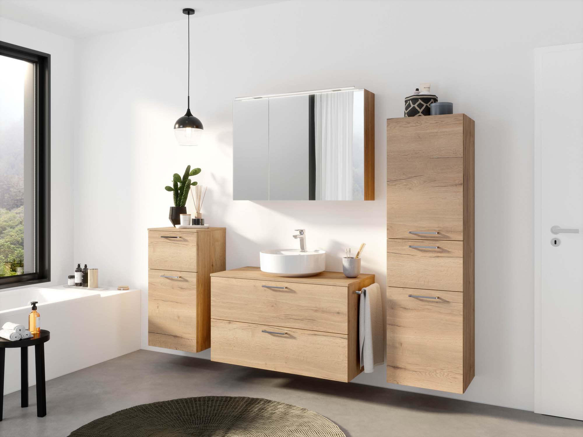Badezimmermöbel-Set 3 Schränke braun mit Waschtisch und Spiegelschrank nobilia 