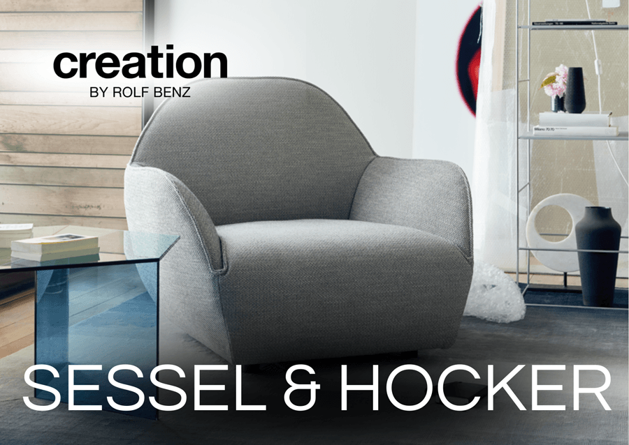 hellgrauer Sessel in futuristischer Form und Aufschrift "sessel & Hocker"