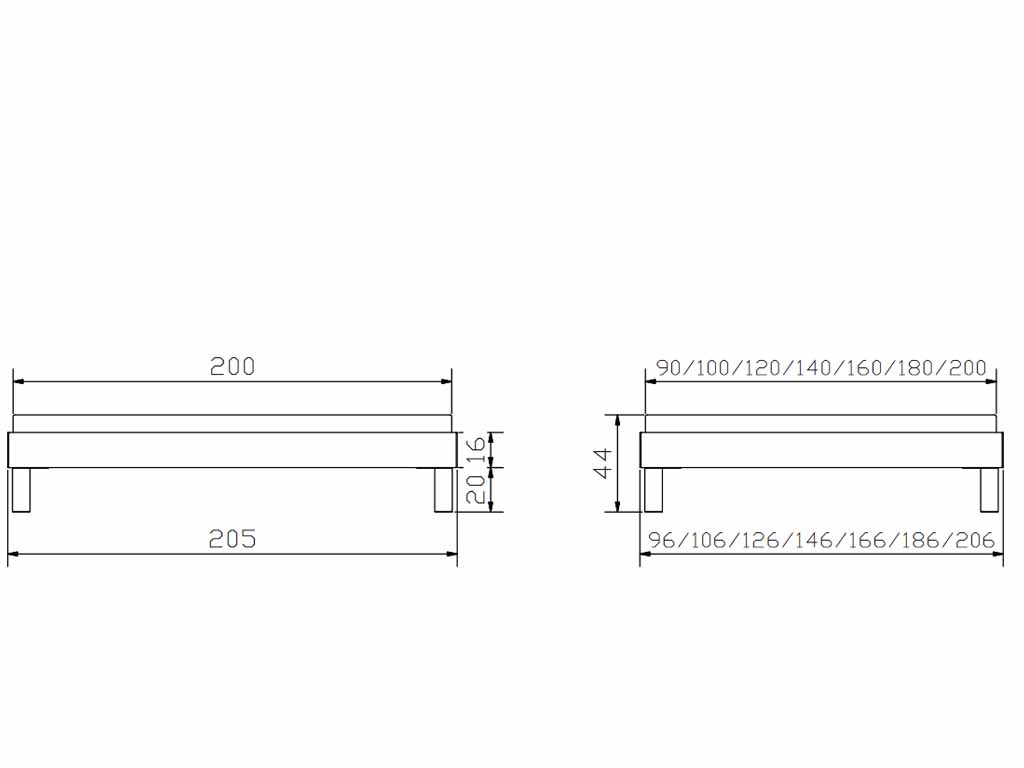 Zeichnung eines Bettrahmens mit Längen- und Breitenmaßen von 200x205 cm