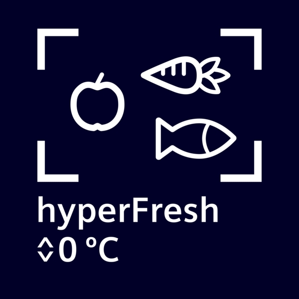 Grafik mit Symbolen für Apfel, Karotte und Fisch, daneben der Text 'hyperFresh 0 °C'