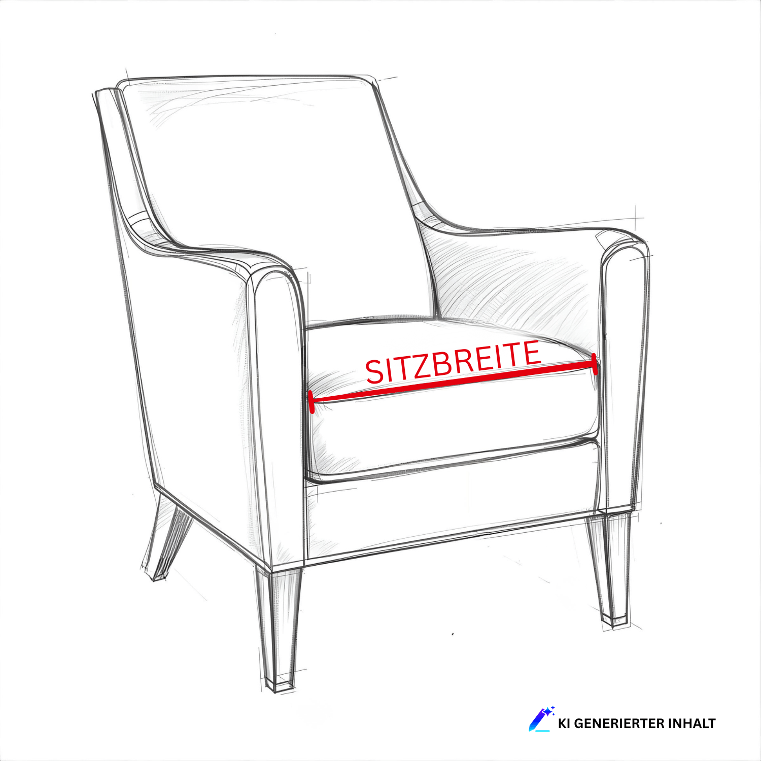 Bleistieftzeichnung eines Sessels mit Markierung der Sitzbreite in rot