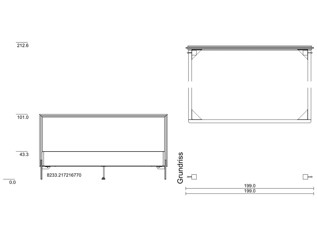 Eine technische Zeichnung mit Maßangaben für das Bett in der Größe 180 x 200 cm, einschließlich der Gesamthöhe und -breite.