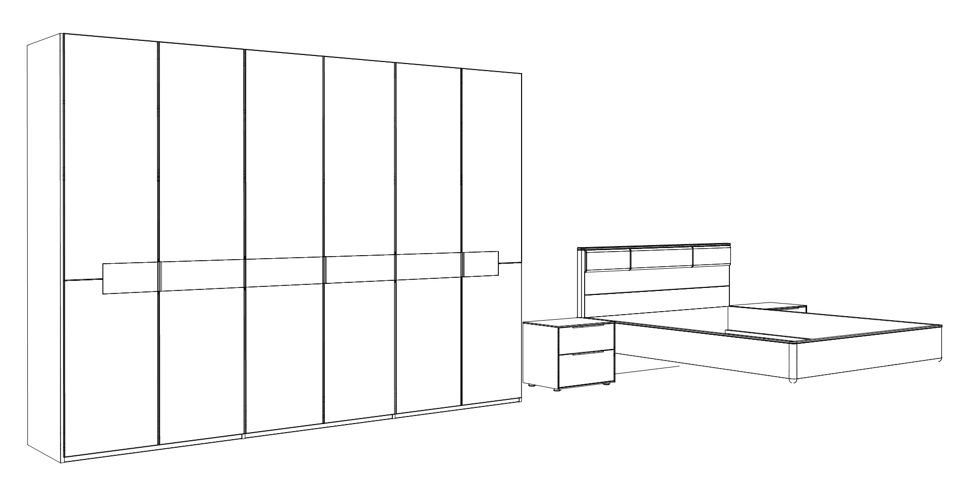 Illustration eines sechstürigen Schrankes und einem Bett mit Nachtschränken vor weißem Hintergrund