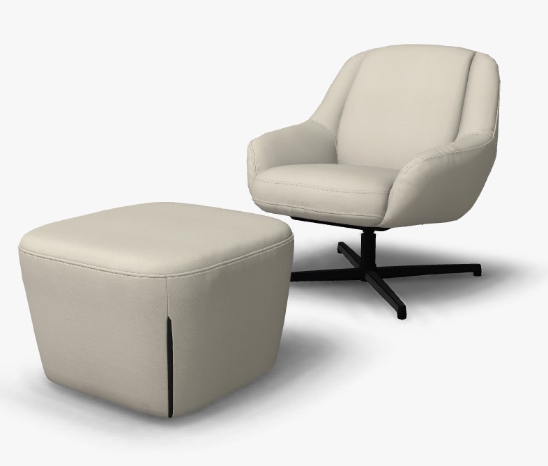 Sessel set mit einem hocker in beige und Sessel mit schwarzem kreuzfuß vor weißem hintergrund