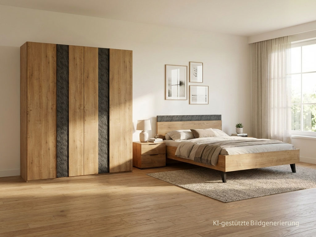 modernes braunes Schlafzimmer mit Bett und Kleiderschrank stilvoll dekoriert in einem hellen Raum mit Holzboden und großem Fenster, Bild KI generiert