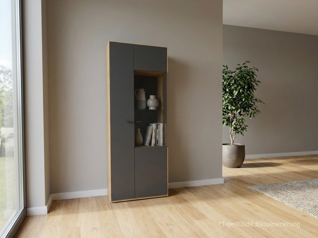 moderner braun grauer Schrank stilvoll dekoriert in einem modernen Zimmer, Bild KI generiert