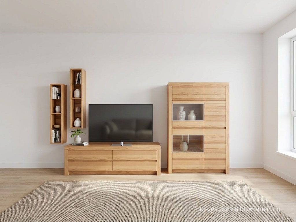 moderne braune Wohnwand stilvoll dekoriert in einem hellen Raum, Bild KI generiert