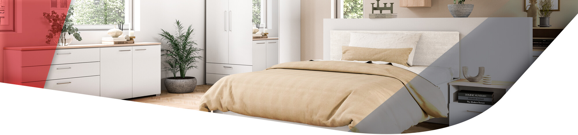 Ein modernes Schlafzimmer mit beige Bettwäsche, einem weißen Kleiderschrank und Schubladen. Zimmerpflanzen und Bücherregale verleihen dem Raum eine einladende Atmosphäre.
