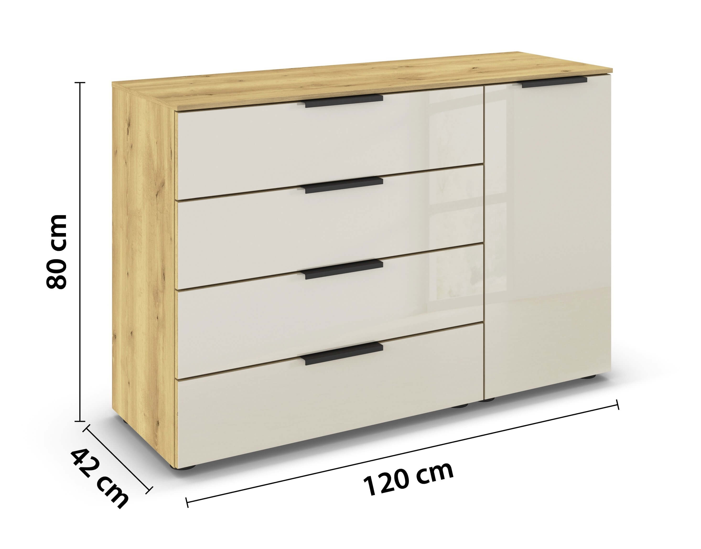 braune Kommode mit beiger Front und schwarzen Griffen mit vier Schubladen und einer Drehtür mit Bemaßung vor weißem Hintergrund