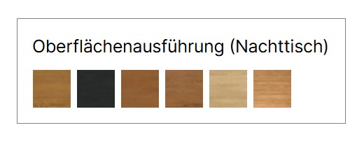 Übersicht verschiedener Holz-Farbmuster und Oberflächenausführungen für Nachttische