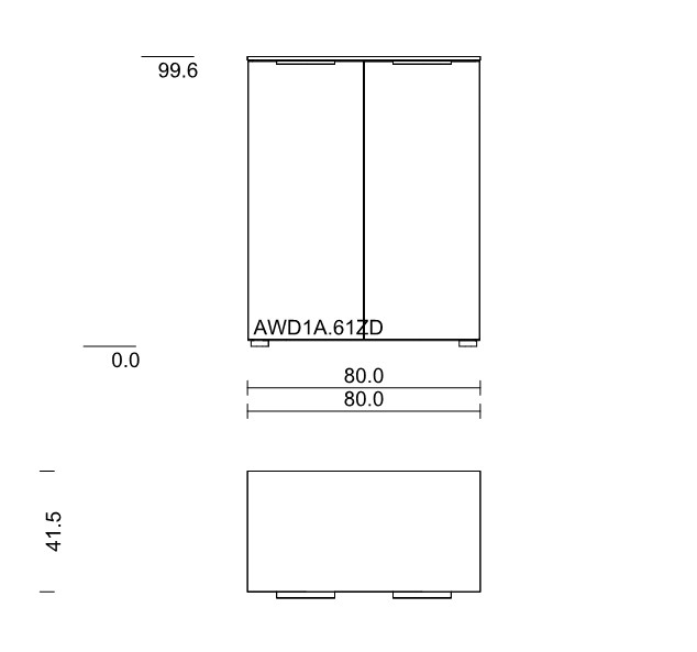 Maßzeichnung einer Kommode mit zwei Türen vor weißem Hintergrund