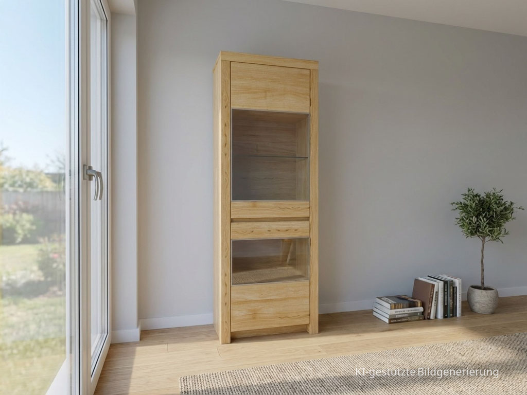 moderner braune Holzvitrine stilvoll dekoriert in einem hellen Raum, Bild KI generiert