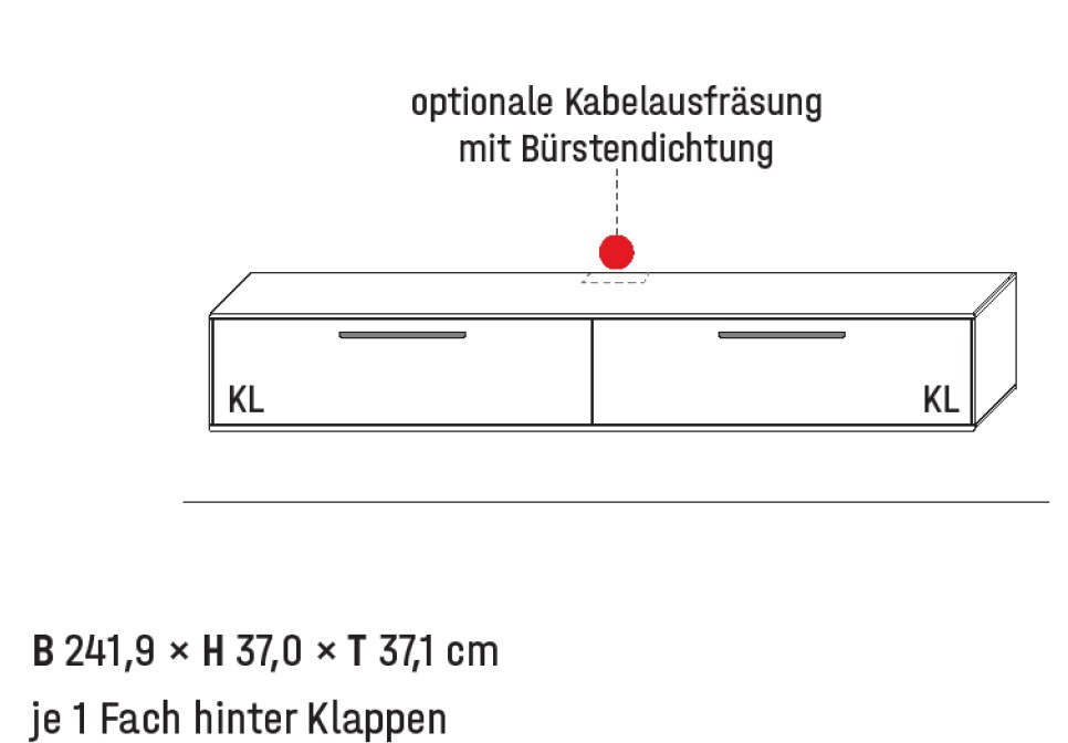 Illustration eines Lowboards mit Maßangabe und Bezeichnung vor weißem Hintergrund
