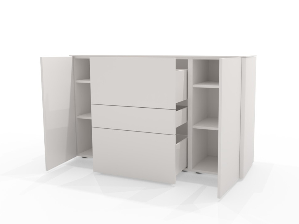 Freigestelltes Sideboard in weiß mit zwei Türen und drei Schubladen  offene Ansicht