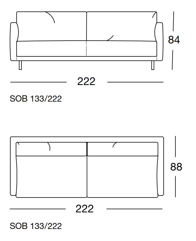 Maßzeichnung eines Sofaelements vor weißem Hintergrund freistil Rolf Benz 133