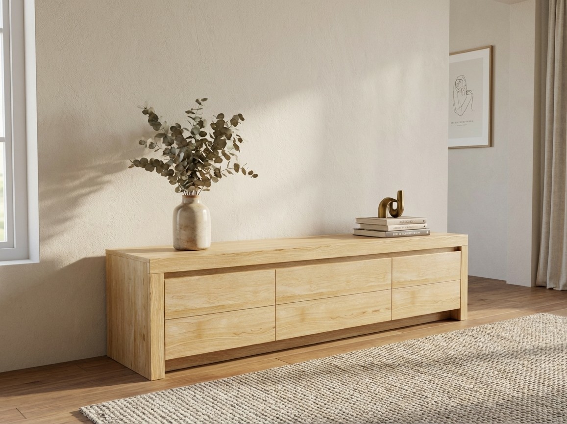 braunes Lowboard stilvoll dekoriert in einem modernen Zimmer