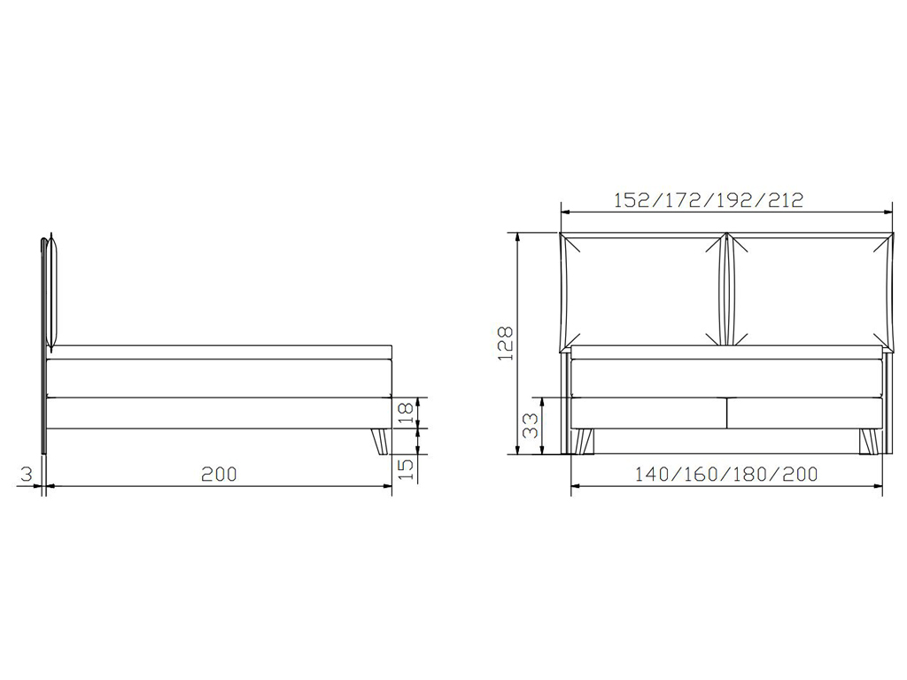 Eine technische Zeichnung des Hasena Boxspringbettes Pronto Ricarda mit Seitenansicht und frontalem Grundriss, die verschiedene Bettbreiten und -höhen zeigt.