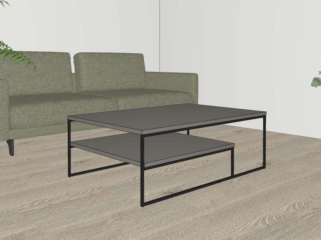 couchtisch grau mit schwarzem metallgestell und ablage an grünem sofa