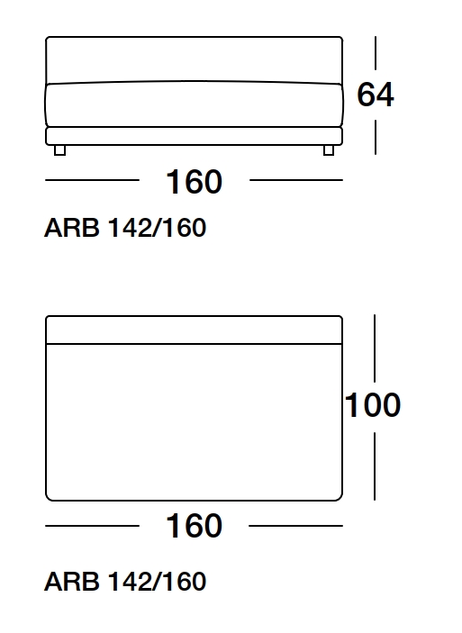 Maßzeichnung eines Sofaelements vor weißem Hintergrund freistil Rolf Benz 142
