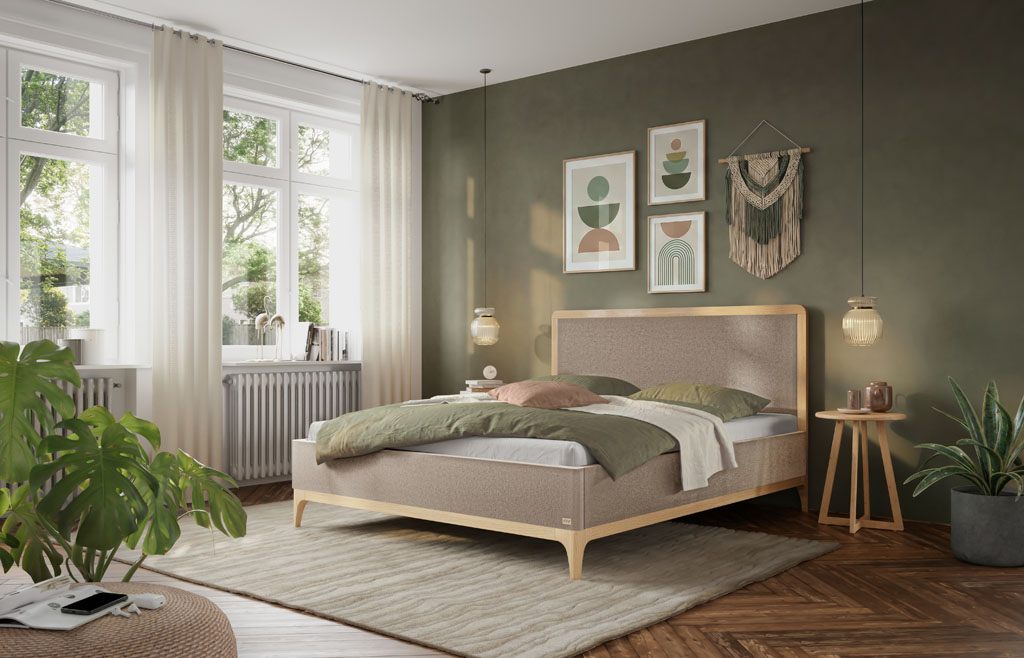 Eingerichtetes Schlafzimmer mit sandfarbenem Polsterbett, Holzrahmen aus heller Eiche, Teppich und grüner Wandgestaltung (KI-generiert)