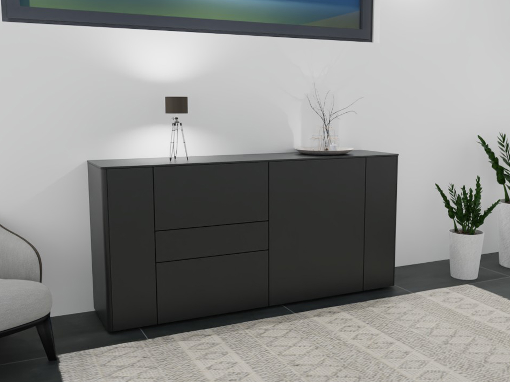 Schwarze Kommode mit dekorativer Lampe und Vase, umgeben von Pflanzen, in einem modernen Wohnbereich.