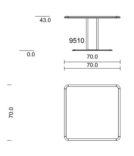Draufsicht und Seitenansicht einer technischen Zeichnung eines quadratischen Tisches mit den Maßen 70x70 cm und zentralem Tischbein.