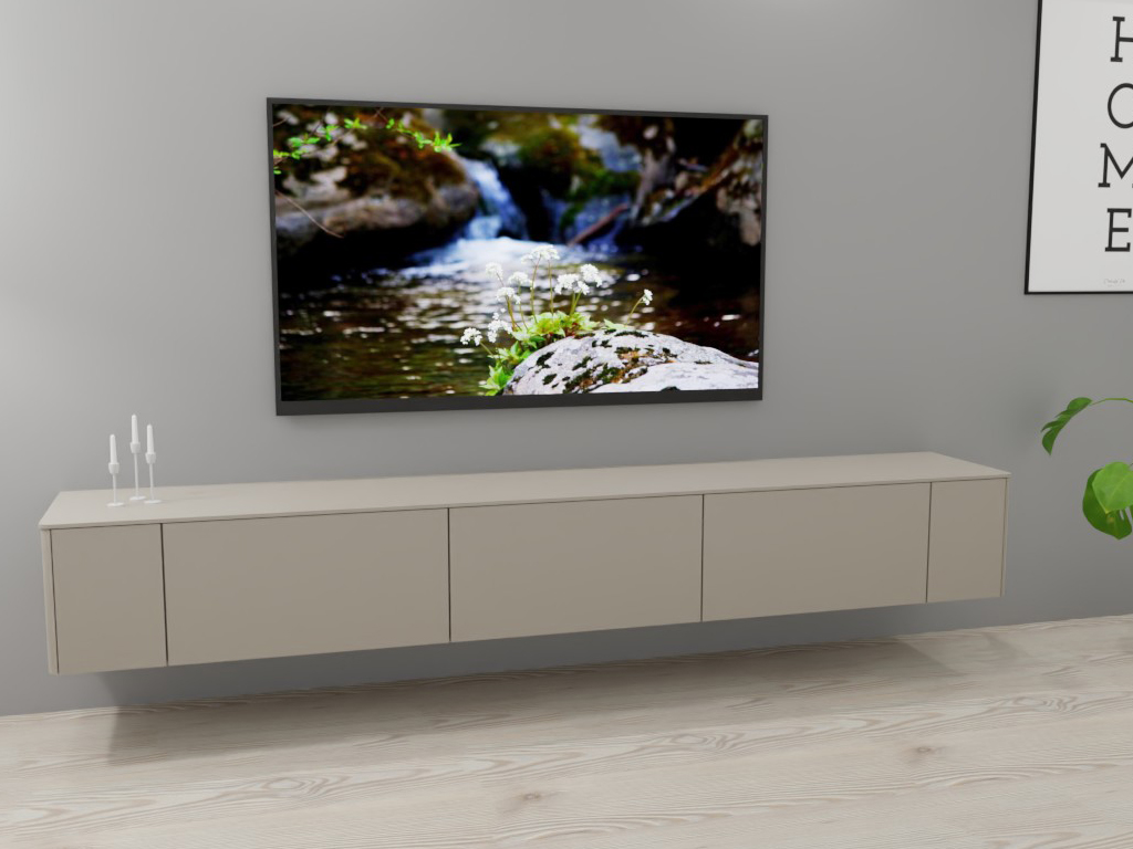 Sudbrock Goya - Lowboard | 2 Türen, 2 Klappen, 1 Schublade | B: 265,2 cm | Lack muschelgrau Stilvolles Wohnzimmer mit schwebendem TV-Möbelstück und Wandbild, das einen ruhigen Fluss zeigt